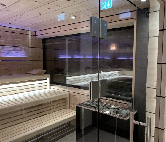 Eine kleiner Saunaraum mit Holzbank und einer Glasfront.