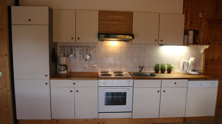 Eine moderne Küche mit hellen Schränken und einem Kochfeld. Die Umgebung ist gut beleuchtet und es sind einige Küchenutensilien sichtbar.