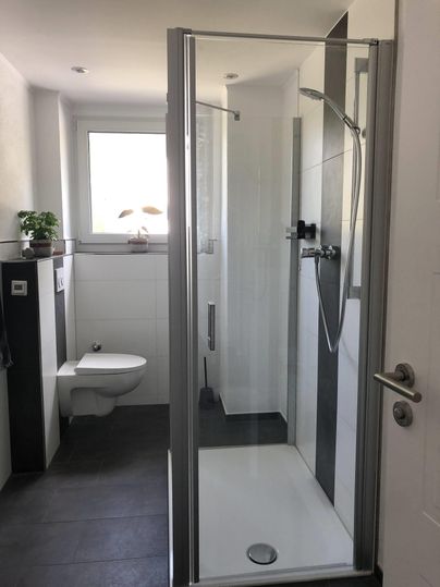 Ein modernes Badezimmer mit einer Dusche und WC. Helle Fliesen und ein Fenster sorgen für ein angenehmes Ambiente.