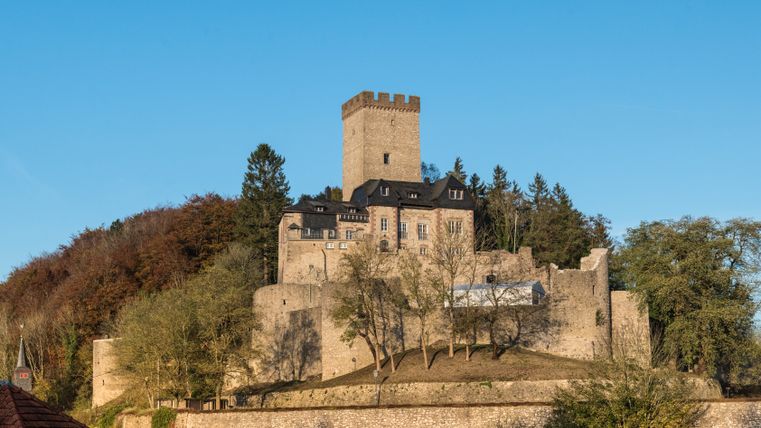Burg Kerpen mit Turm und umgebenden Bäumen bei klarem Himmel.