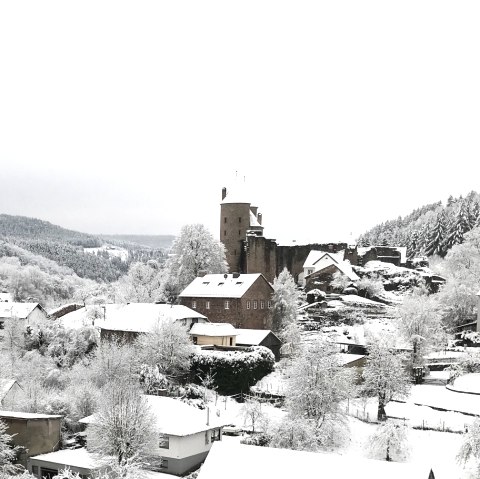 Blick auf eine verschneites Dorf. Eine große Burg ragt zwischen den mit Schnee bedeckten Häusern hervor.
