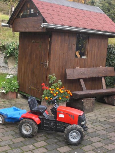 Ein roter Spieltraktor steht vor einem kleinen Holzhaus. Daneben befinden sich Blumen und eine Bank aus Holz.