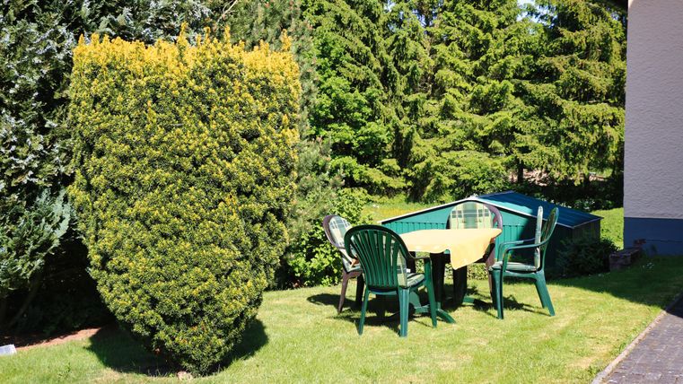 Ein schöner Garten mit einem geformten Busch und grünen Stühlen. Ein Tisch mit einer gelben Decke steht bereit für eine gemütliche Mahlzeit im Freien.