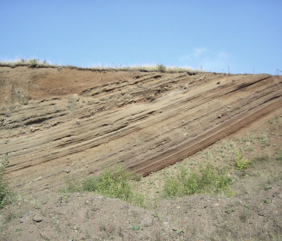Sloping layers of earth in an embankment under a clear blue sky. Vegetation at the lower edge of the slope., © Touristik GmbH Gerolsteiner Land