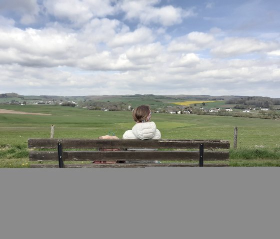 Eine Person sitzt auf einer Bank und blickt auf eine weite, gr&uuml;ne Landschaft mit Feldern und Wolken am Himmel., &copy; Touristik GmbH Gerolsteiner Land, Ute Klinkhammer