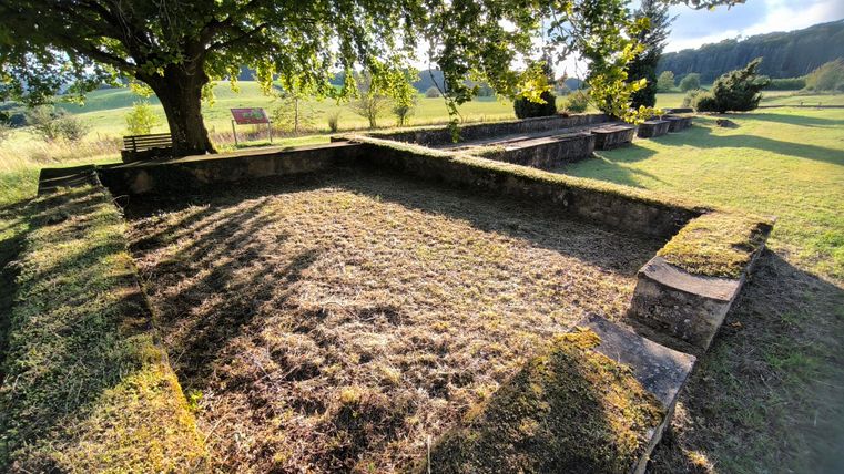 Ruinen eines alten Gebäudes auf einer Wiese, umgeben von Bäumen. Ein Schild und eine Bank sind unter einem großen Baum sichtbar.