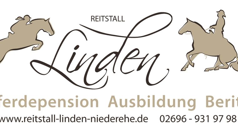 Un logo du centre équestre Linden avec des chevaux stylisés. Il met en avant les services de pension pour chevaux et de formation.