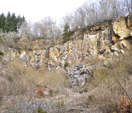 A basalt quarry with steep rock faces, surrounded by bare trees and shrubs in winter. Some evergreen trees can be seen at the top., © Touristik GmbH Gerolsteiner Land, Ute Klinkhammer