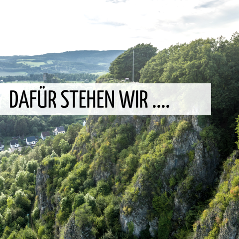 Dolomite rocks covered in vegetation above the town of Gerolstein. Above them, the words &lsquo;This is what we stand for...&rsquo; in a frame.