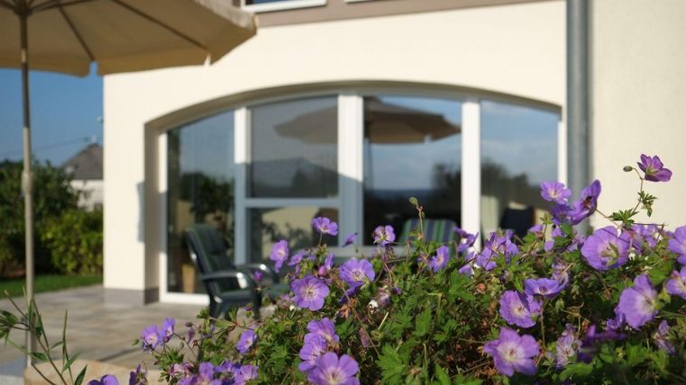 Ein hübscher Außenbereich mit lila Blumen im Vordergrund. Im Hintergrund sind große Fenster und Gartenmöbel sichtbar.