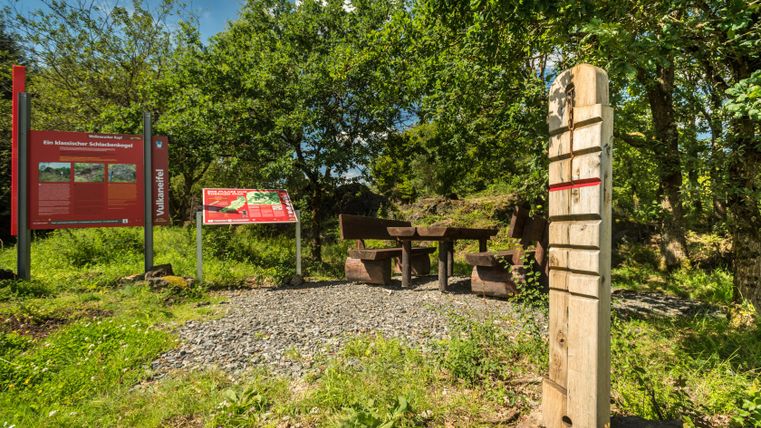 Ein Rastplatz mit Holzbänken und Informationstafeln im Grünen, umgeben von Bäumen.