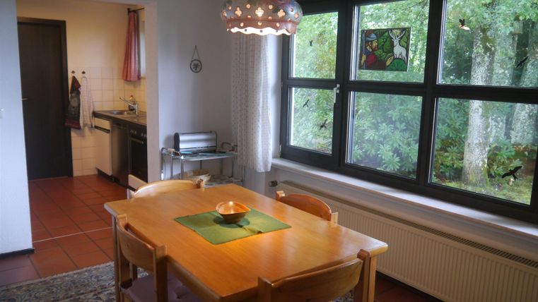 Ein gemütlicher Essbereich mit einem Holztisch und Stühlen. Große Fenster bieten einen Blick ins Grüne.