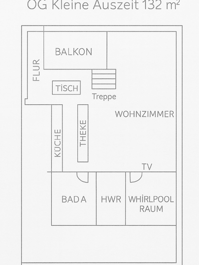 Un plan d'étage d'un étage supérieur. Il montre l'agencement des pièces telles que le salon, la cuisine, la salle de bain et un balcon.