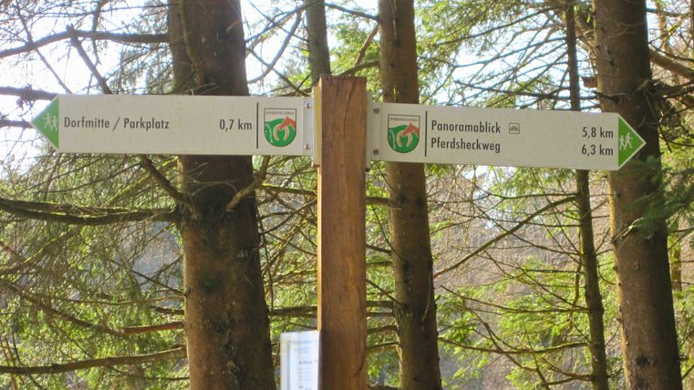 Wegweiser im Wald mit Entfernungsangaben zu Dorfmitte und Panoramablick Pferdsheckweg.