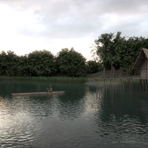 Visualisierung des ursprünglichen Sees des Eichholzmaars mit einem Angler in einem Boot und einem kleinen Holzhaus mit Steg am Ufer.