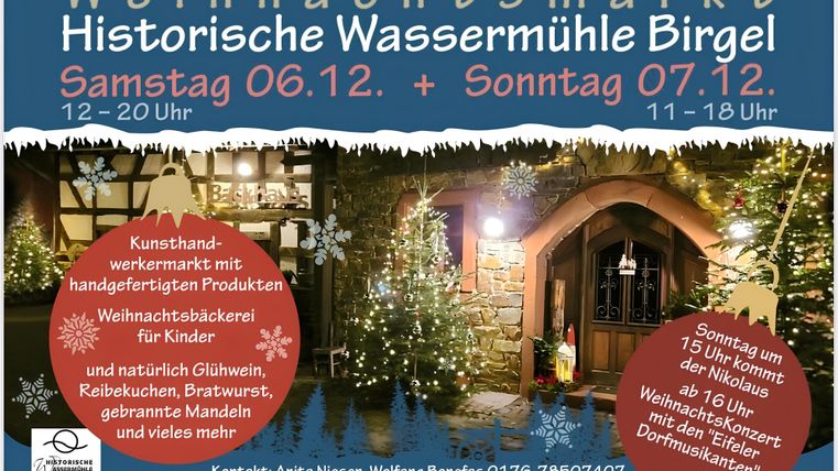 Veranstaltungsplakat für den Weihnachtsmarkt in der Historischen Wassermühle Birgek am Samstag, 06.12. und Sonntag 07.12.2025. Weitere Informationen zum Programm und Veranstalter