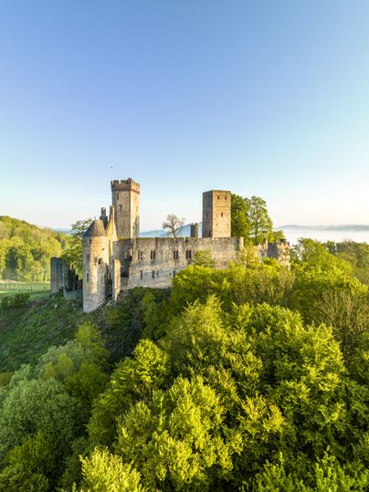 Luftaufnahme der Kasselburg in Pelm, umgeben von grünen Bäumen und klarem Himmel.