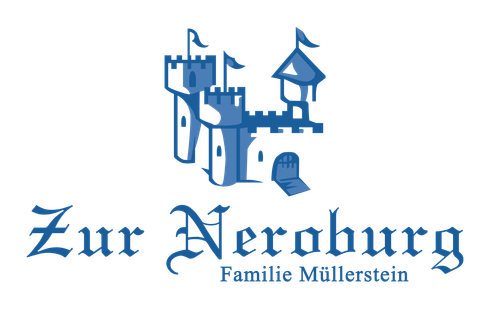A logo of "Zur Neroburg" featuring a stylized castle and flags. The design is in blue and displays the family name Müllerstein.