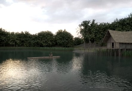 Visualisatie van het oorspronkelijke maar meer van het Eichholzmaar met een visser in een boot en een klein houten huisje met een steiger aan de oever.