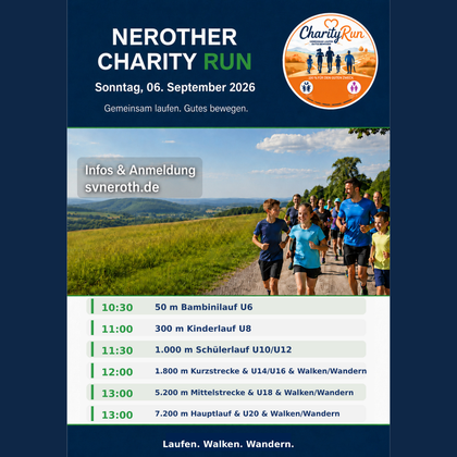 The image promotes the "Nerother Charity Run" on Sunday, September 6, 2026, with various running distances for different age groups and the opportunity to register at svneroth.de. It shows a group of runners, including children and adults, on a picturesque route in hilly terrain.