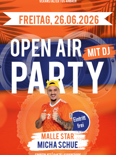 Hier is de poster "Open Air Party" Ook van TuS Ahbach. Vindt plaats op vrijdag 27-06-2025 vanaf 20:30 uur. Toegang is gratis.