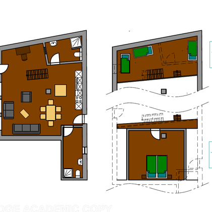Een gedetailleerde plattegrond van een huis met drie niveaus. Het eerste niveau bevat een keuken, een woonkamer en een optioneel badkamer.