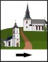 Two churches on a green hill with a path. An arrow points to the right. Illustration in the style of a logo., © Touristik GmbH Gerolsteiner Land