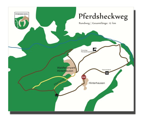 Map of the horse trail, a 12 km long circular trail. The starting point, Hinterhausen forest adventure park, panorama and horse changing station are marked., &copy; Touristik GmbH Gerolsteiner Land