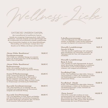 Un menu bien-être avec différents traitements pour le corps et l'esprit. Des massages et des applications spéciales sont proposés à différents prix.