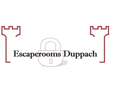 Logo Escaperooms Duppach met opschrift en een rood slotsymbool in het midden en rode kasteeltorens rechts en links.