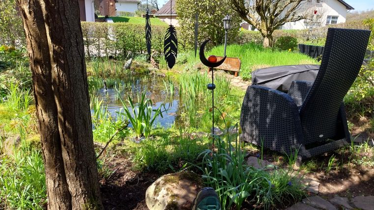 Een rustige tuin met een vijver, omringd door planten en groen gras. Op de voorgrond staat een comfortabele stoel, ideaal om te ontspannen.