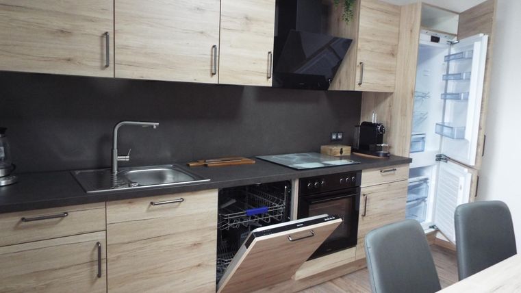 Eine moderne Küche mit Holzschränken und einer Edelstahlspüle. Der Geschirrspüler ist geöffnet, und der Kühlschrank steht daneben.