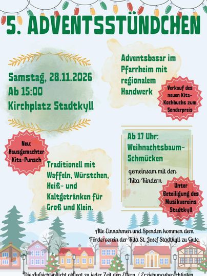 A flyer for the Advent Hour with information about a Christmas market. Waffles, sausages, and regional handicrafts will be offered.