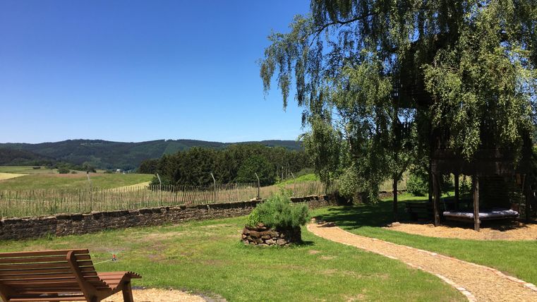 Un paysage paisible avec un chemin pavé qui traverse un jardin verdoyant. En arrière-plan, des vignes et un ciel bleu sont visibles.