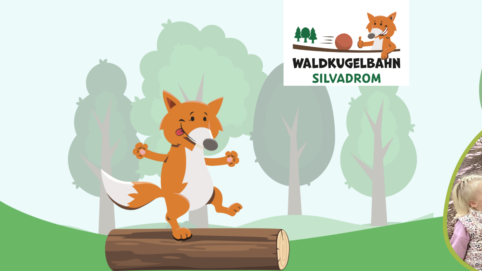 Carton Waldlandschaft mit Fuchs Maskottchen der Waldkugelbahn Silvadrom und Bildausschnitten von spielenden Kindern an der Bahn.