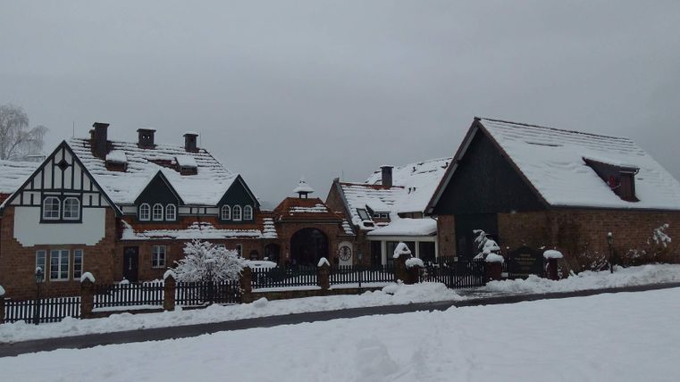Un paysage hivernal avec des maisons enneigées. Le ciel est nuageux et une atmosphère tranquille règne dans l'air.