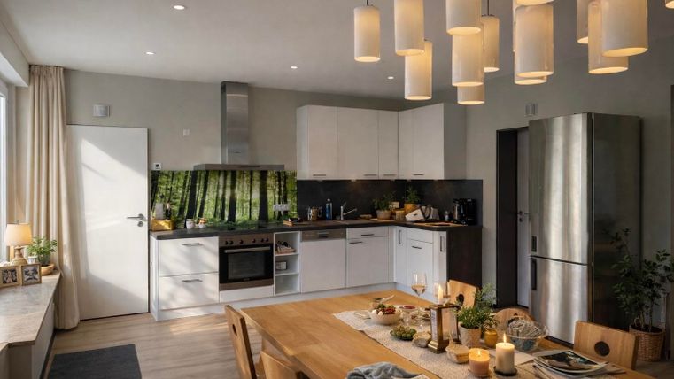Une cuisine moderne avec une table en bois clair et un éclairage de bon goût. En arrière-plan, on voit des armoires de cuisine et un réfrigérateur, ainsi qu'une fenêtre offrant une vue sur un paysage verdoyant.