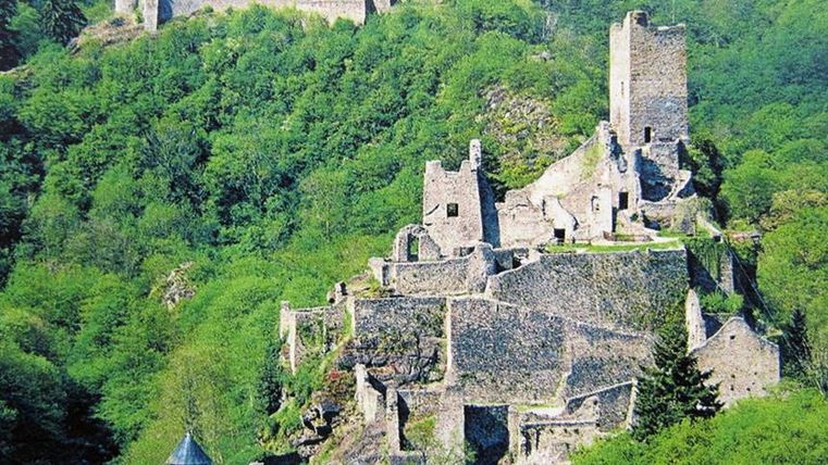 Eine alte Burgruine inmitten von grünem Wald. Hoch oben stehen mehrere Türme und Mauern, die von der Natur umgeben sind.