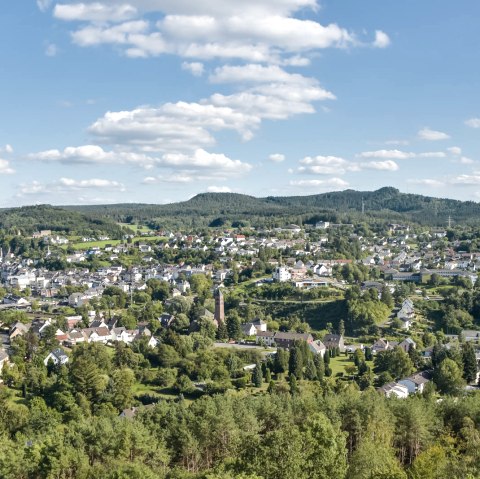 Blick &uuml;ber die Stadt Gerolstein mit zahlreichen Geb&auml;uden, umgeben von gr&uuml;nen B&auml;umen und Bergen im Hintergrund.