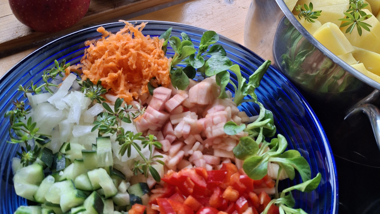 Auf einem Holzbrett steht ein Teller mit einem Salat mit Gurken, Paprika, Zwielbeln, Karotten und Fisch; daneben steht ein Topf mit Kartoffeln