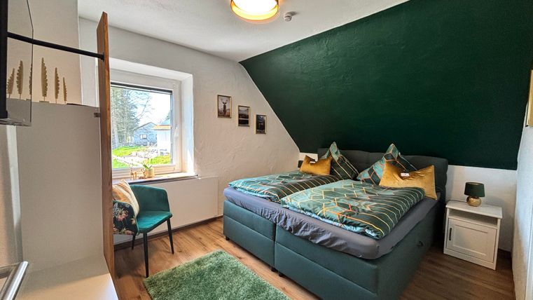 Ein gemütliches Schlafzimmer mit einem Doppelbett und grüner Wandfarbe. Es gibt einen kleinen Tisch, einen Stuhl und ein Fenster mit Blick ins Freie.