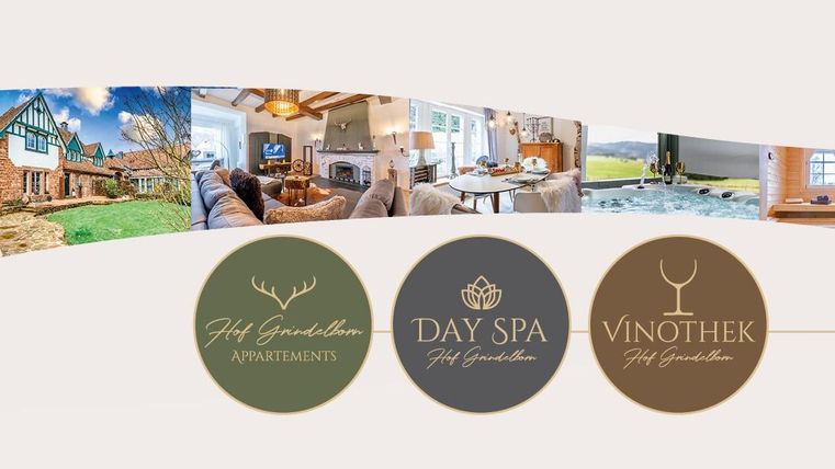 Une présentation attrayante des hébergements et des services d'un hôtel. Les images montrent des appartements confortables, un espace spa et une cave à vin.