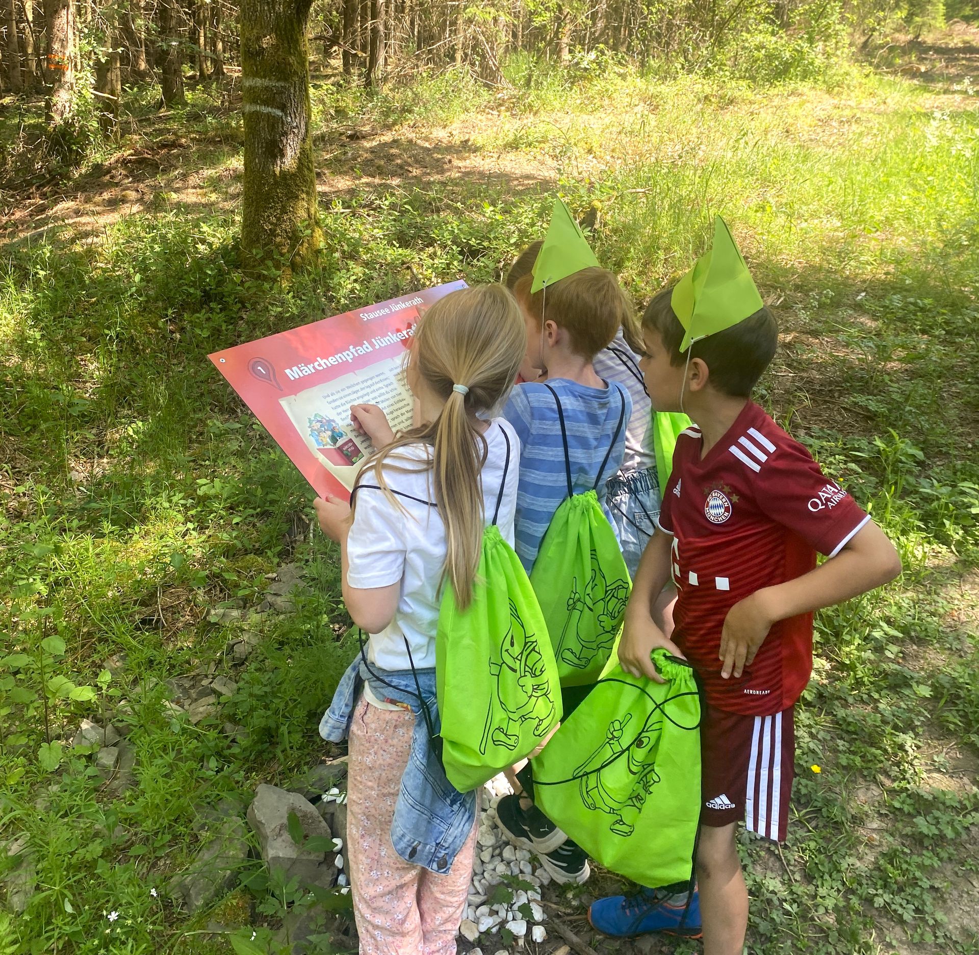 Drei Kinder mit grünen Taschen und Hüten schauen auf ein Informationsschild im Wald. Sie sind neugierig und erkunden die Natur.
