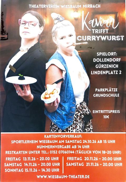 Ein Plakat für eine Theateraufführung mit zwei Frauen in originellen Outfits. Eine der Frauen hält eine Platte mit Kaviar, während die andere eine Currywurst isst.