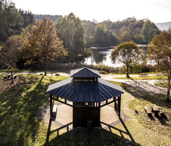 A pavilion in an autumnal park with trees and a lake in the background. Sunlight casts long shadows on the ground., © Eifel Tourismus GmbH, Dominik Ketz