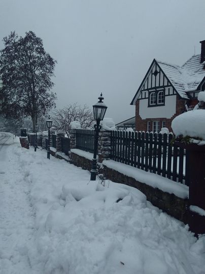 Une rue enneigée avec une jolie maison et des lampadaires. Le jardin est également couvert d'une couche de neige fraîche.