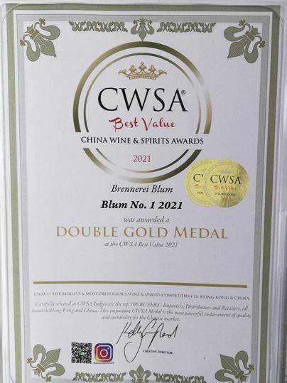 Auszeichnung für die Brennerei Blum no. 1 2021: Double Gold Medal at the CWSA Best Value 2021