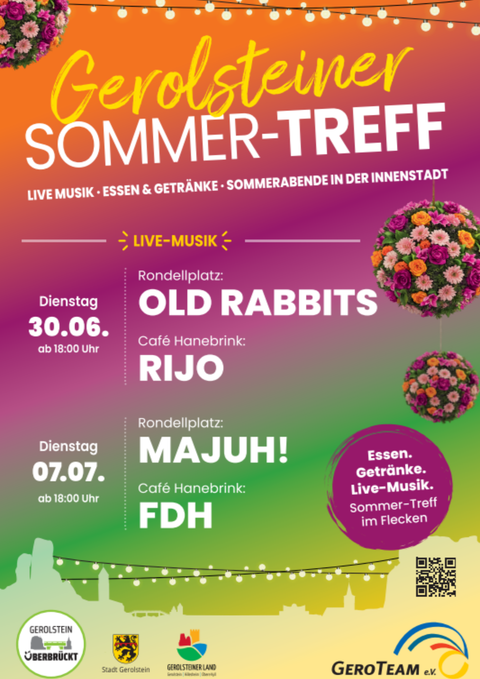 Ein Veranstaltungsposter für den Gerolsteiner Sommer-Treff. Es zeigt Termine mit Live-Musik und Essensangeboten in der Hauptstraße.