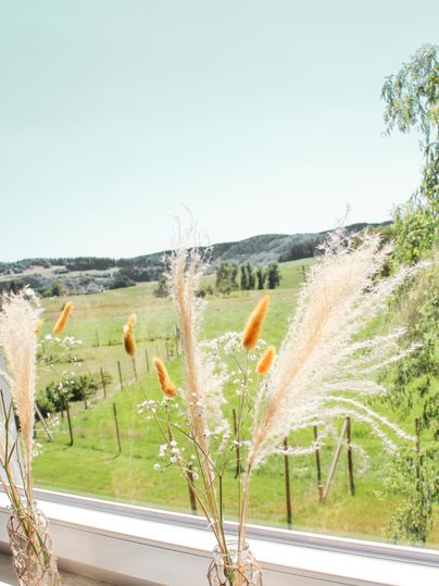 Ein schöner Ausblick auf grüne Wiesen und Hügel durch ein Fenster. Im Vordergrund stehen dekorative Pflanzen in Vasen.