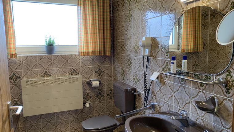 Ein kleines Badezimmer mit brauner Keramikausstattung und gemusterten Fliesen. Das Fenster lässt viel Tageslicht herein und eine Pflanze steht auf der Fensterbank.